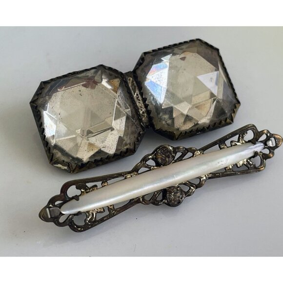 Antique Victorian Brooch pair Glass Bar Pin Pearl Shell - Picture 1 of 12
